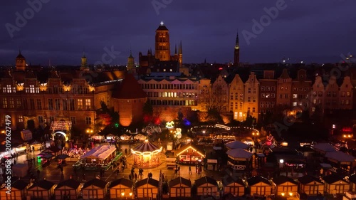Beautifully lit Christmas market in the Main City of Gdansk at dusk. Poland