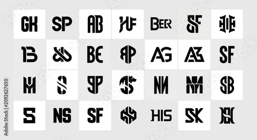 Modern Abstract Monograms and Letter Logos Set on Grid Background