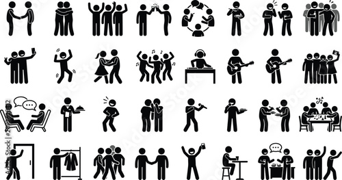 Set of black stick figure icons showing people interacting socializing and hanging out together in various daily activities like talking dancing eating and working in groups