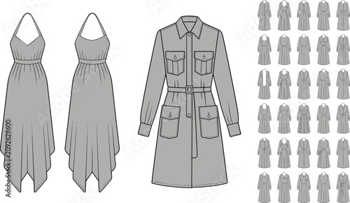 Fashion dress collection vector flat sketches featuring utility shirt dress and asymmetric handkerchief halter dress