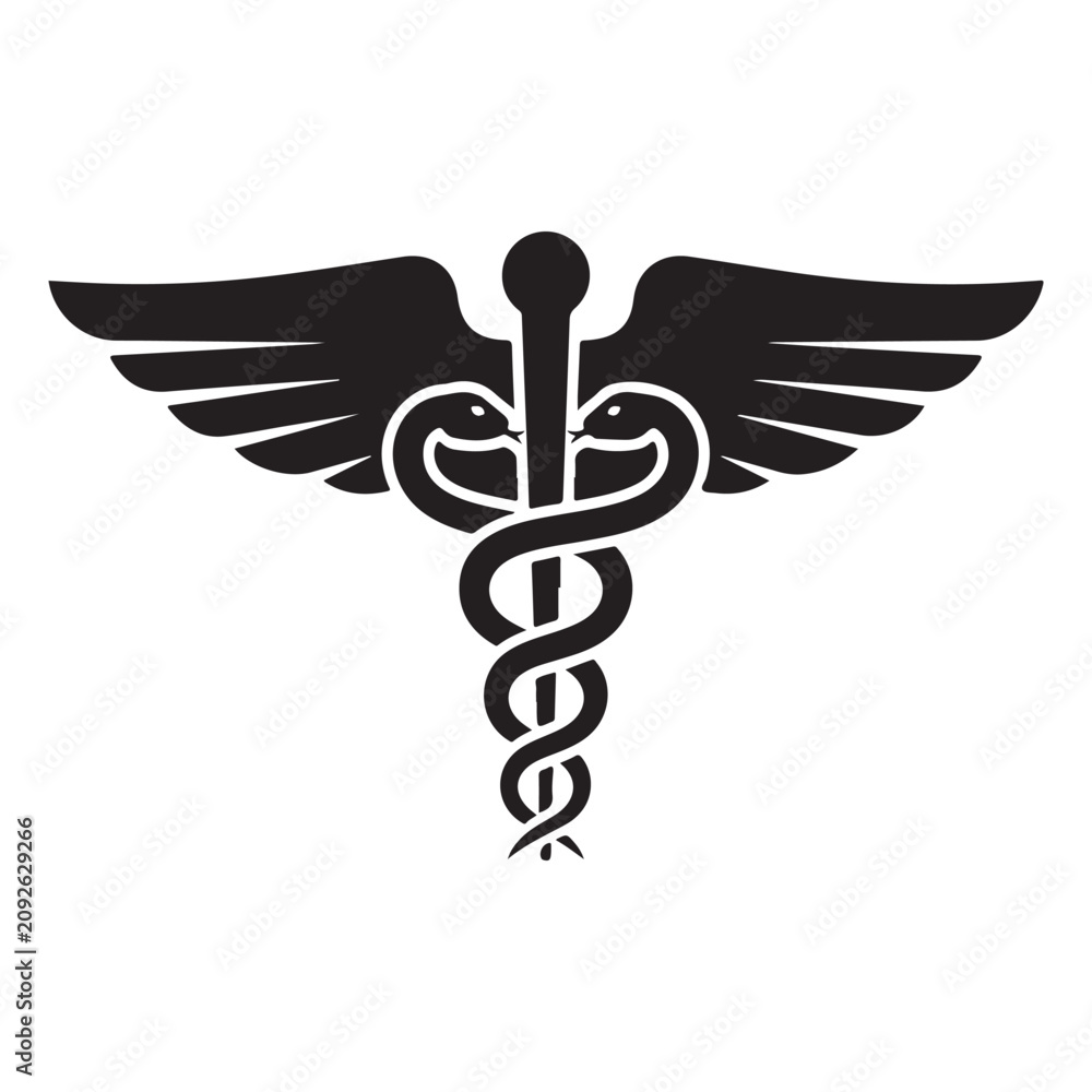 Φωτογραφία Black caduceus silhouette vector icon with winged staff and entwined snakes for