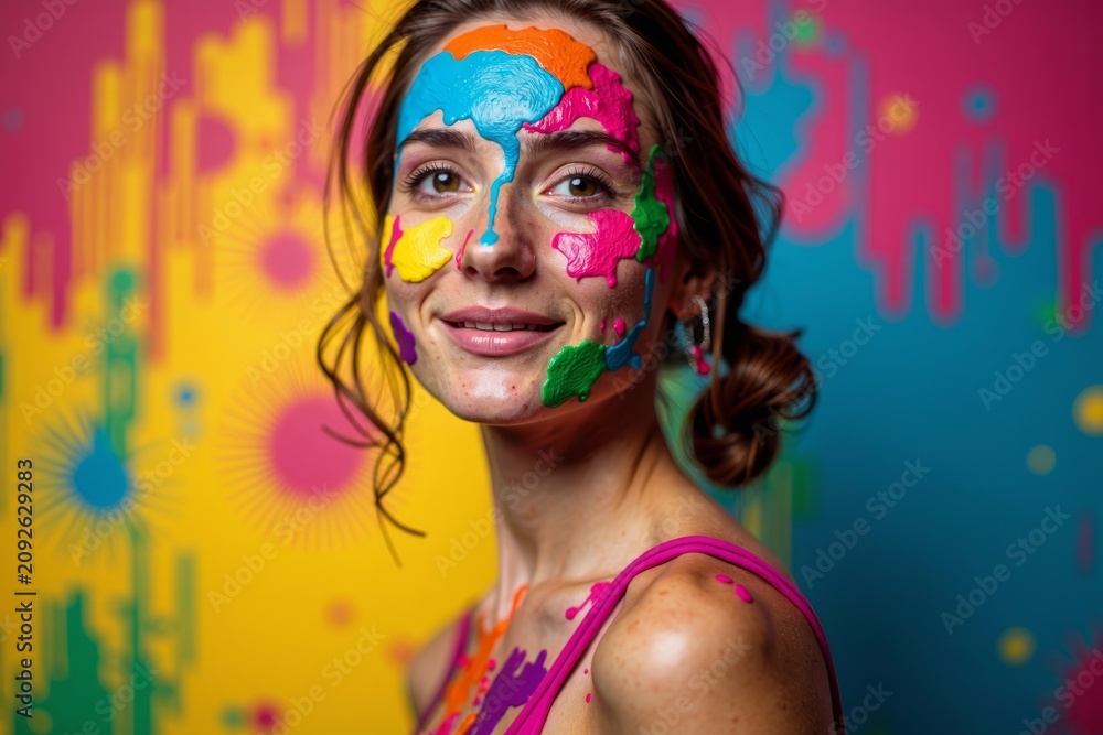 Obraz premium Bird's Eye View: Woman Drenched in Colorful Paint Fusing with Abstract Background