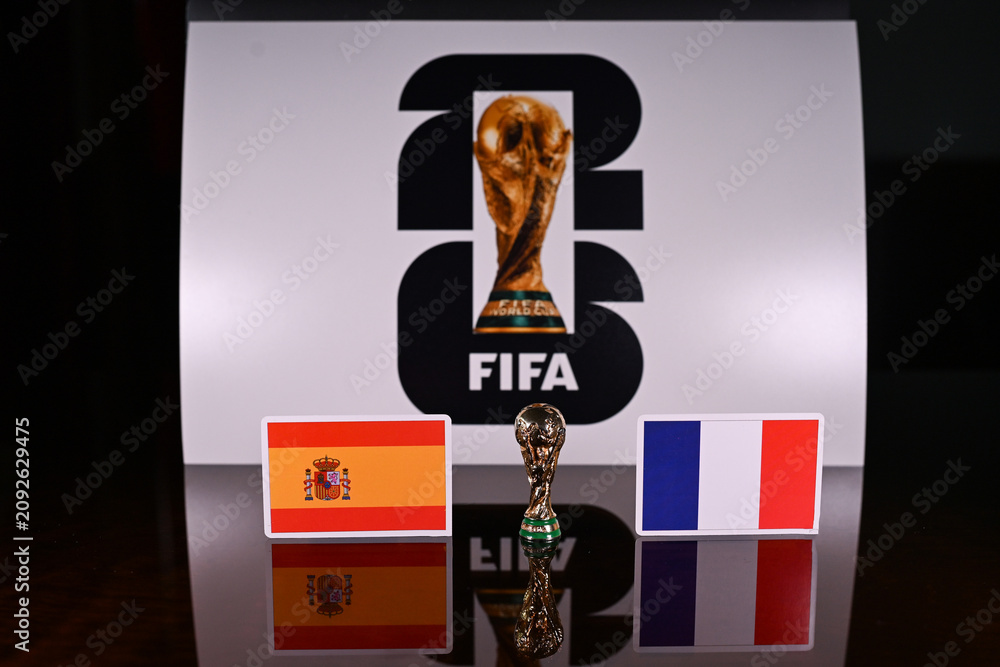 Obraz premium July 9, 2026, United States. Flags of the participating teams of the FIFA World Cup semi-finals of the national teams of France and Spain.