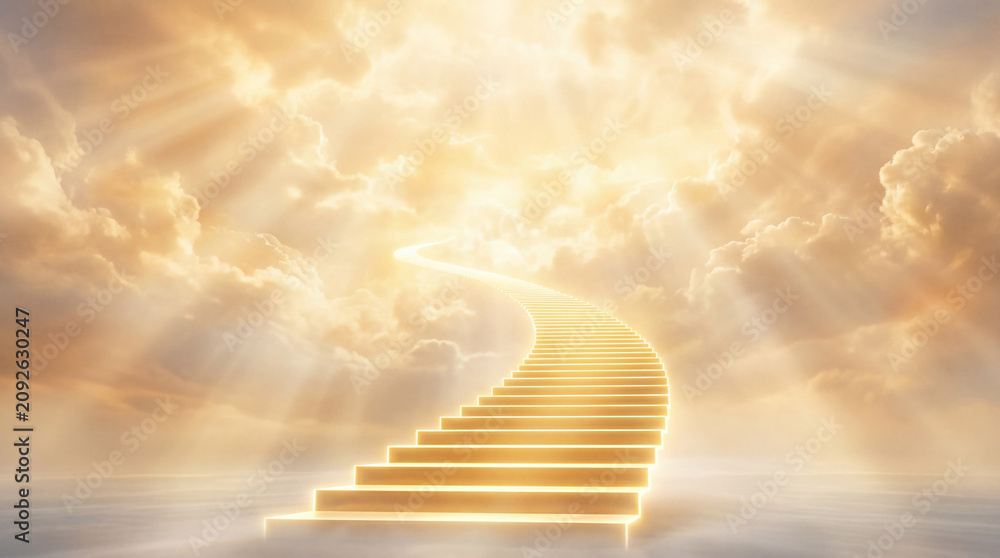 Obraz premium Golden Stairway Leading Upward Into Divine Heavenly Light and Clouds.