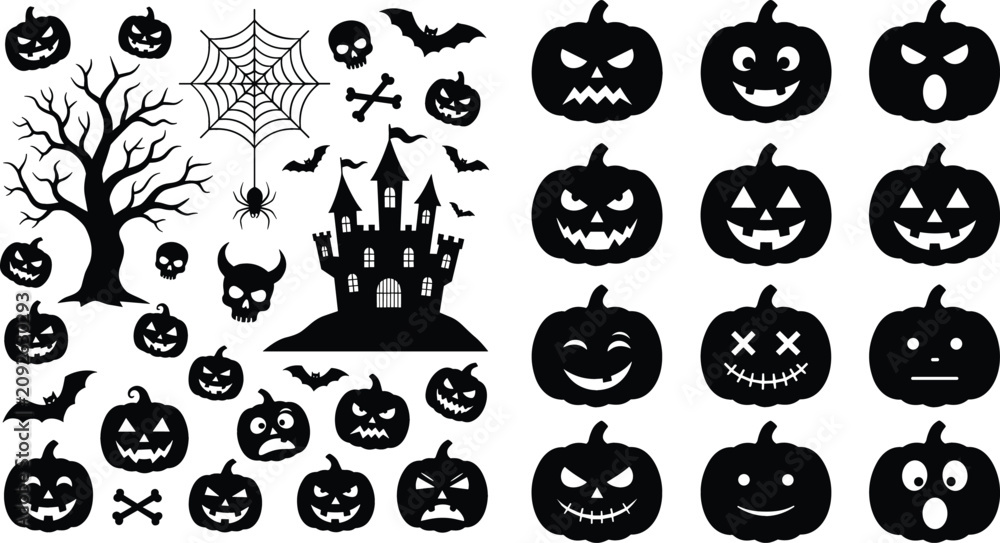 Naklejka premium Halloween Pumpkin Face and Silhouette Set with Haunted House, Spider Web, Tree, Bat, and Crossbone Symbols Collection