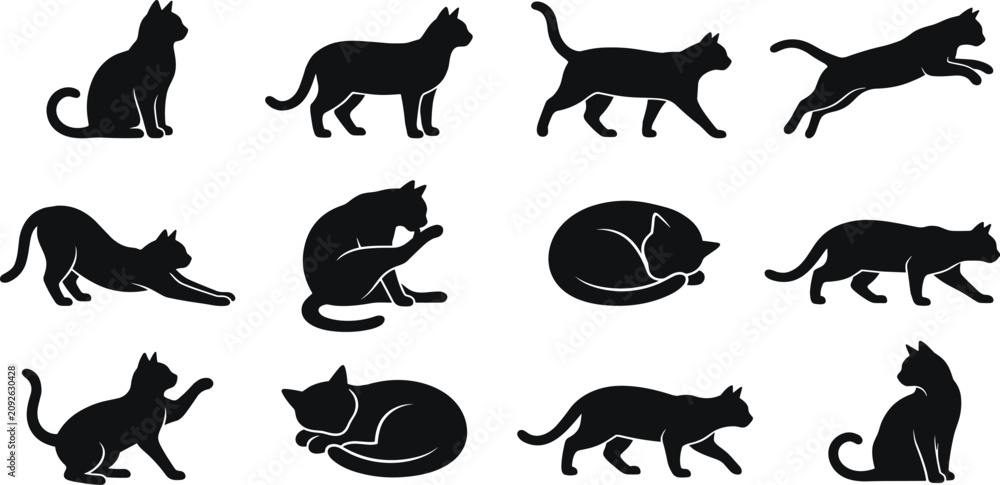 Fototapeta premium Cat Silhouette Collection Featuring Sitting Walking Running Stretching Sleeping and Jumping Domestic Feline Black Vector Illustration Set