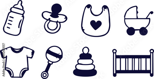 Photos Collection of cute baby icons including bottle pacifier bib stroller bodysuit ra