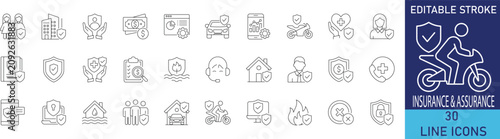 Billede på lærred Insurance and financial assurance risk management line icon set