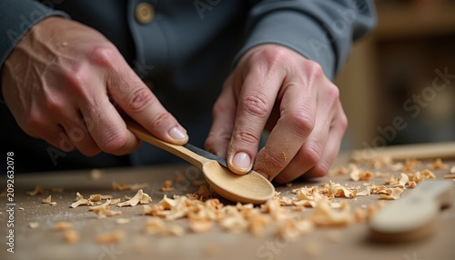Woodworking process with hands carving wooden spoon on table surrounded by wood shavings. Artisan skills displayed in woodcraft showcase expert craftsmanship in creating functional utensils.