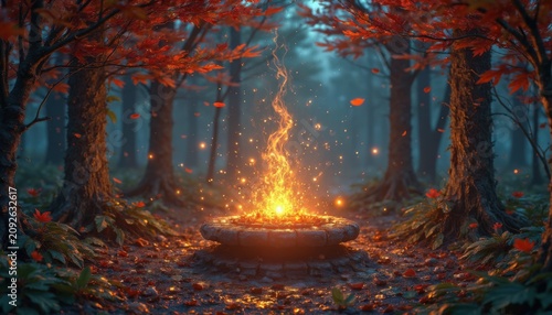 Enchanted forest with warm bonfire surrounded by vibrant autumn trees and glowing embers. Mystical atmosphere created by light flickering through leafy canopy. Ideal for nature-themed projects.