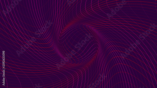 Abstract digital background with a swirling red grid pattern on a dark purple surface
