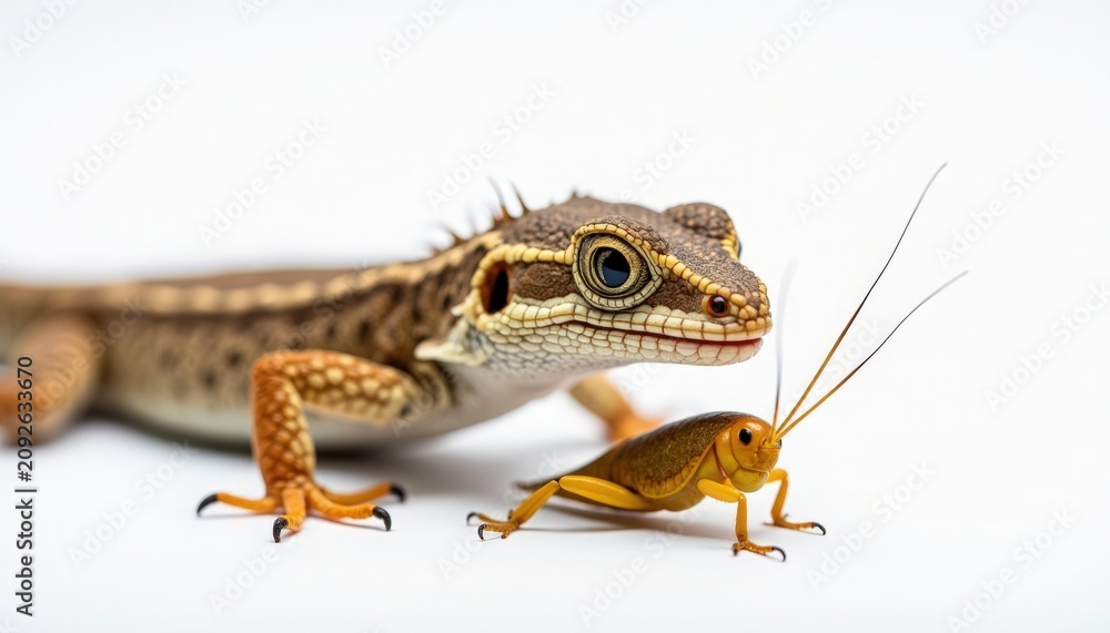 Fototapeta premium Close-up of gecko and grasshopper on white background. Gecko features distinctive patterns and colors, positioned next to grasshopper showcasing its long antennae.