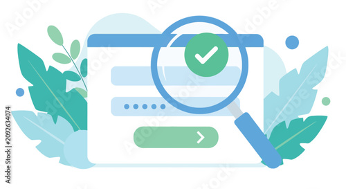 Website login security verification concept with magnifying glass focusing on checkmark over password input field and green button with organic leaf decor.