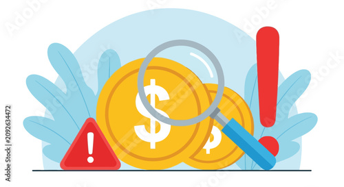 Foto Financial risk management concept with magnifying glass examining coins and warning signs for fraud prevention and protection