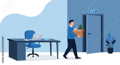 Photos Man leaving office carrying box of belongings, walking towards exit door signifying job termination, resignation, or layoff in a professional workspace environment, end of employment