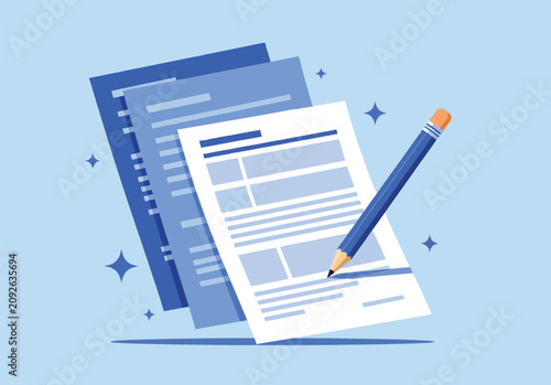 Foto Close up of person writing on paper documents with blue pen and decorative stars surrounding files in flat vector design illustration for business office