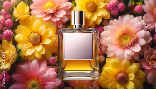 Blank Perfume Bottle Surrounded By Vibrant Yellow And Pink Flowers Creating Fresh And Inviting Atmosphere Perfect For Beauty And Fragrance Themes