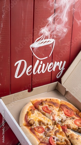 Restaurant takeaway pizza with crispy crust in delivery box Vertical composition developed for pizzeria business social media advertising branding marketing and promotions