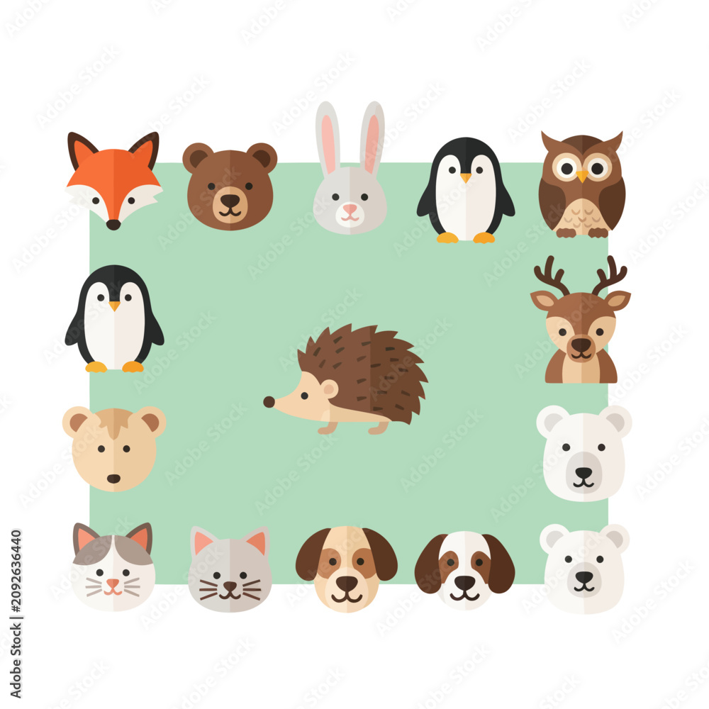 Fototapeta premium Cute Animal Faces Collection: Fox, Bear, Rabbit, Penguin, Owl, Deer, Hedgehog, Dog, Cat