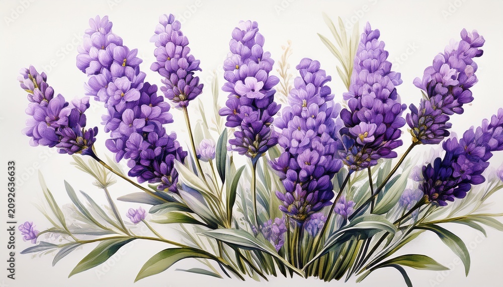 Fototapeta premium Blooming Lavender Flowers Isolated On A White Background Vintage Painting Style Illustration