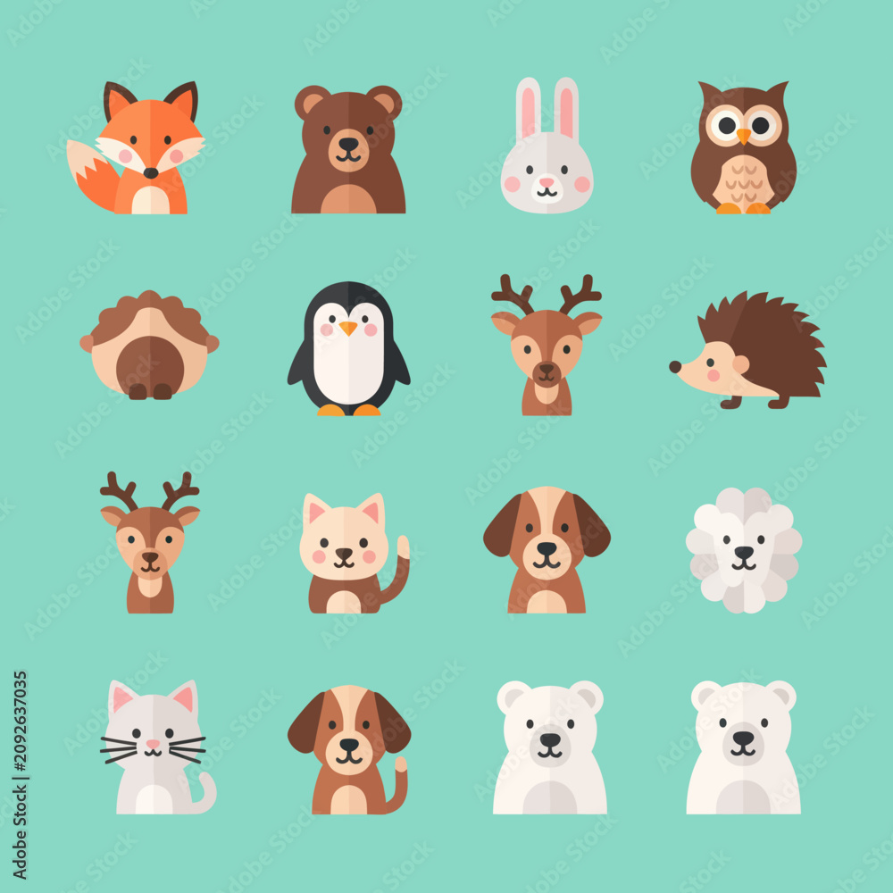 Fototapeta premium Cute Animal Icons Collection: Fox, Bear, Rabbit, Owl, Penguin, Deer, Dog, Cat