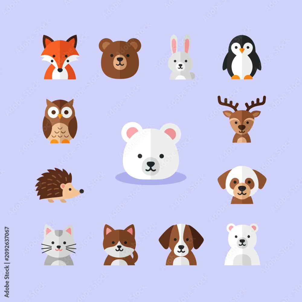 Obraz premium Cute Animal Icons Collection: Fox, Bear, Rabbit, Penguin, Owl, Deer, Hedgehog, Dog, Cat