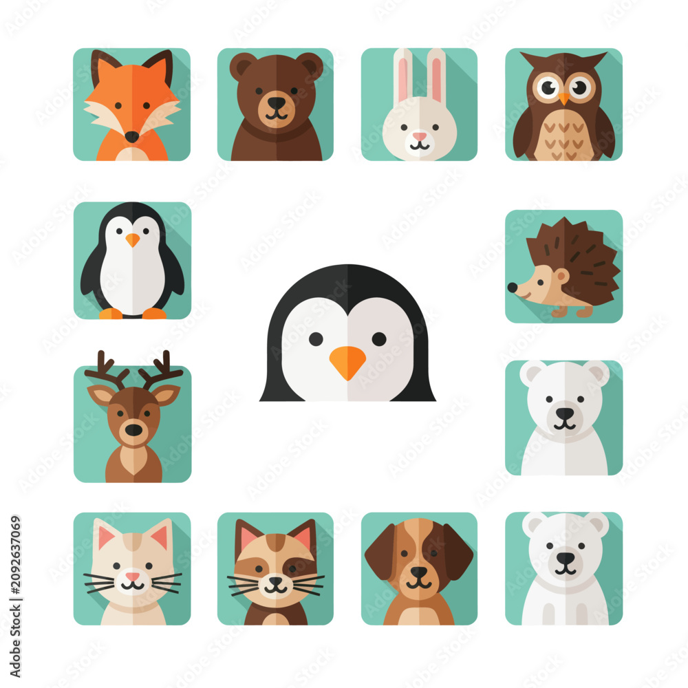Obraz premium Cute Animal Icons Collection: Fox, Bear, Rabbit, Owl, Penguin, Hedgehog, Deer, Polar Bear, Cats, Dog