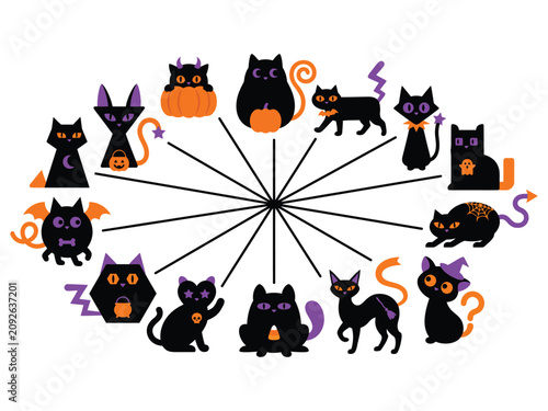 Cute Halloween Black Cat Characters Bundle, Kawaii Spooky Cartoon Cat Vector Clipart Collection Set