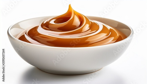Creamy Caramel Sauce In White Bowl Isolated On White Background