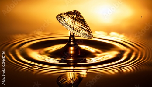 Macro Shot Of Golden Water Droplet With Reflection