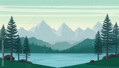 Mountain Landscape Illustration With Lake And Pine Forest