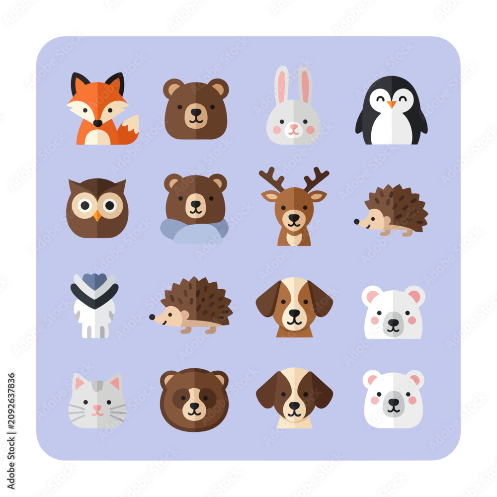 Fototapeta premium Cute Animal Icons Set: Fox, Bear, Rabbit, Penguin, Owl, Deer, Hedgehog, Dog, Polar Bear, Cat