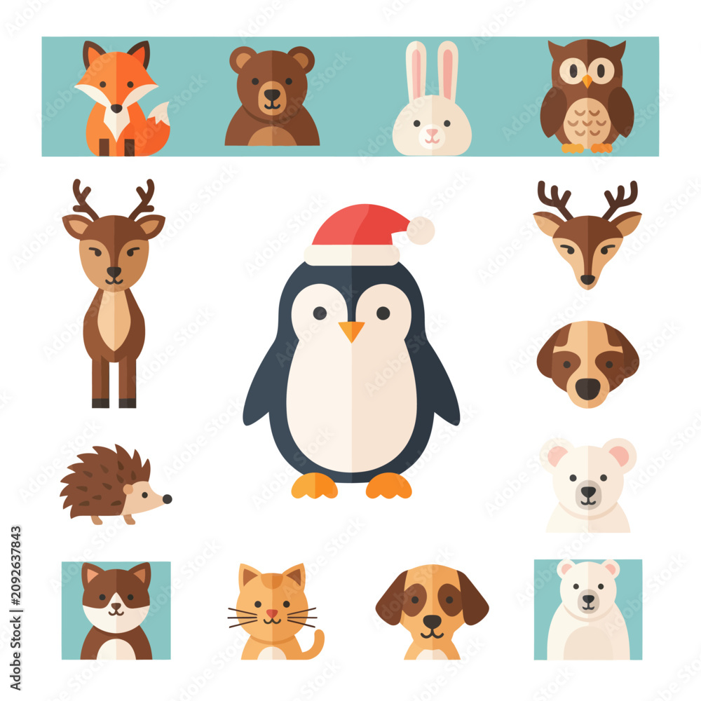 Naklejka premium Cute Animal Icons Set: Penguin, Fox, Bear, Deer, Owl, Rabbit, Dog, Cat, Hedgehog