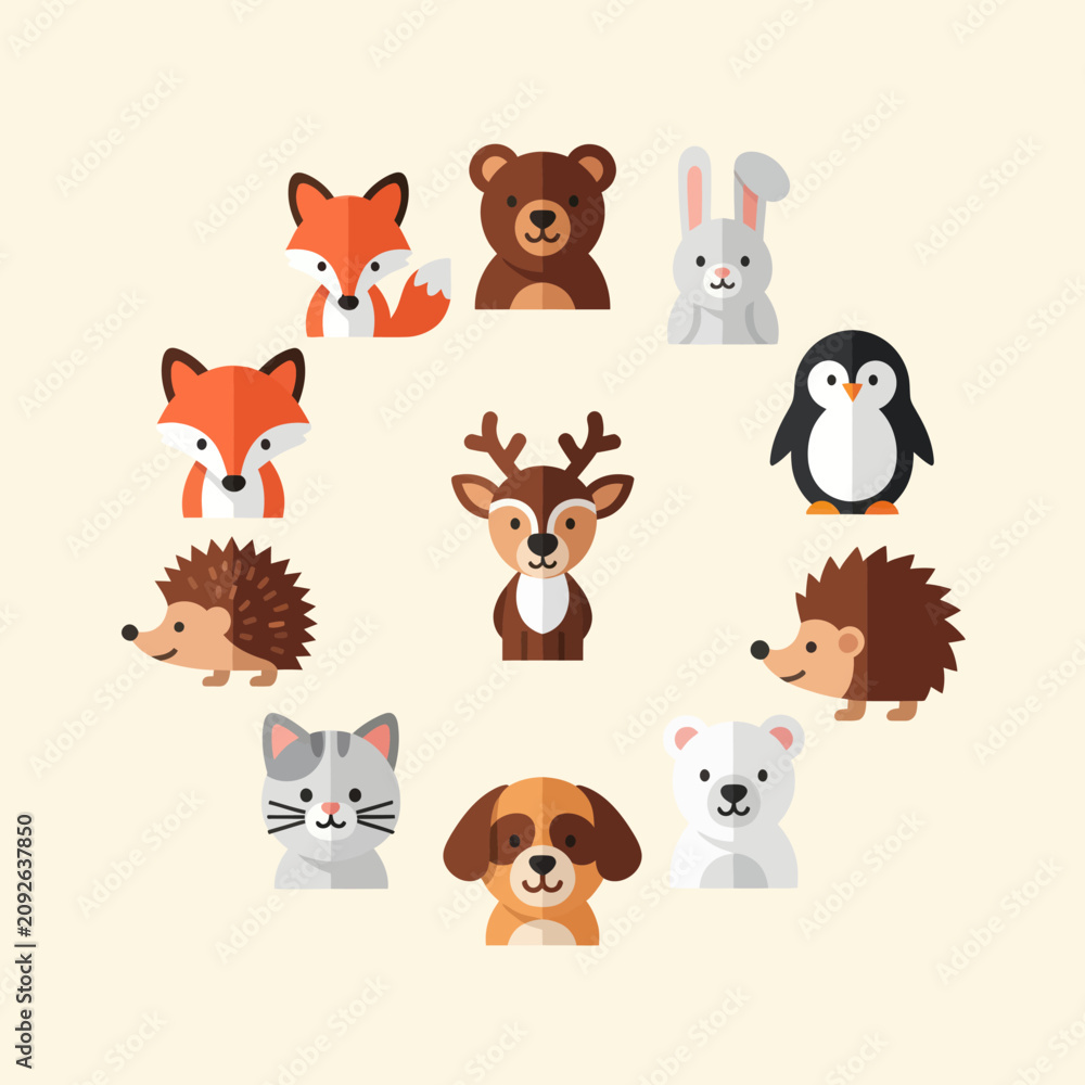 Fototapeta premium Cute Animals Circle Illustration Flat Design