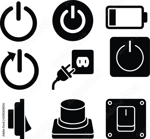 Valokuva Power switch vector icon set featuring black silhouette symbols of turn on button battery plug outlet toggle electronic