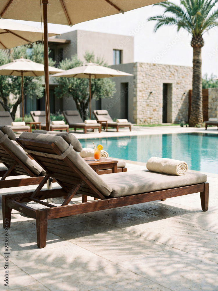 Fototapeta premium Lounge chairs by a swimming pool with umbrellas and palm trees