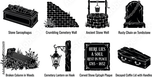 A set of somber graveyard elements, sepulchral architecture, and funereal objects for spooky designs