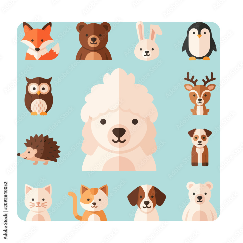 Obraz premium Cute Animals Collection: Fox, Bear, Rabbit, Penguin, Owl, Deer, Dog, Hedgehog, Cat, Poodle