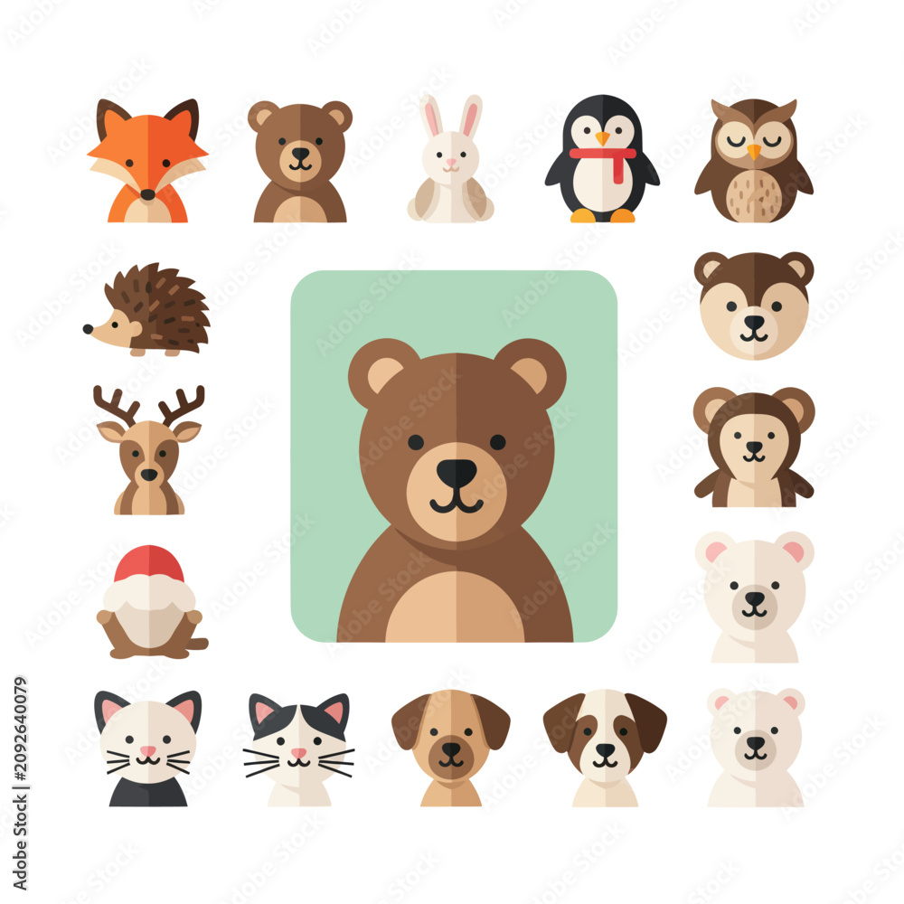 Obraz premium Cute cartoon animal avatars collection, flat design