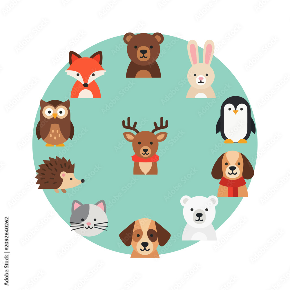 Fototapeta premium Cute Cartoon Animals Circle - Forest and Arctic Wildlife Collection
