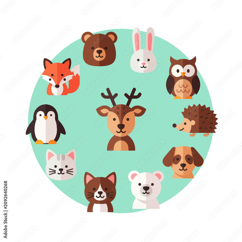 Obraz premium Cute Cartoon Animals Circle Collection: Forest, Arctic, Domestic Wildlife