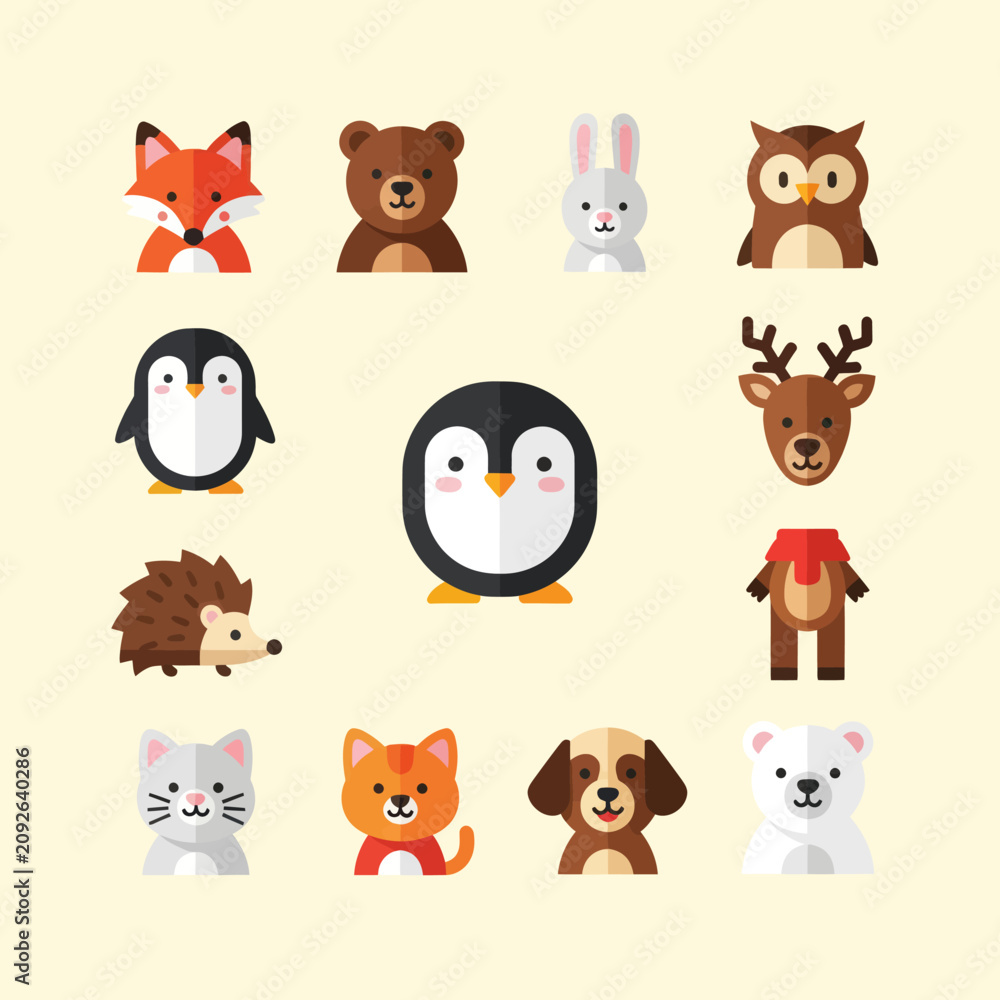 Fototapeta premium Cute Cartoon Animals Collection - Flat Design Icons