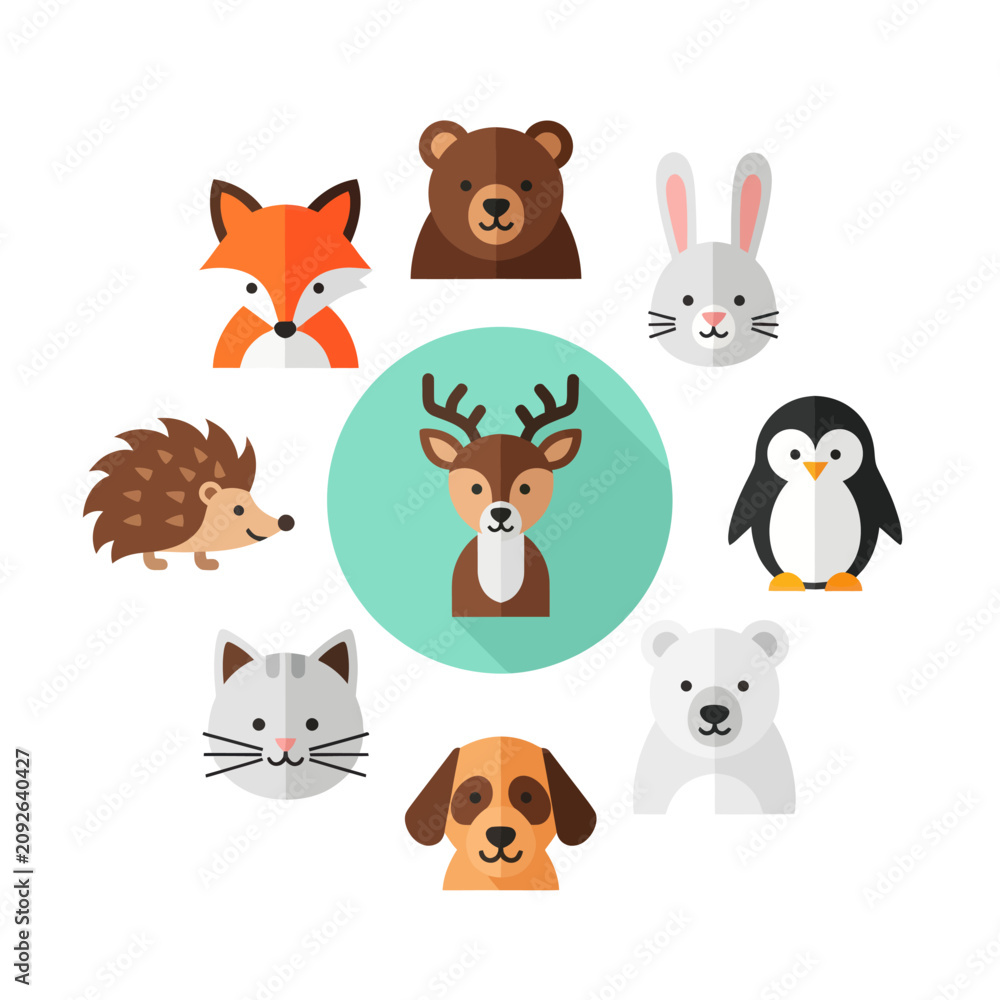 Fototapeta premium Cute Cartoon Animals Collection: Fox, Bear, Rabbit, Penguin, Deer, Dog, Cat, Hedgehog, Polar Bear