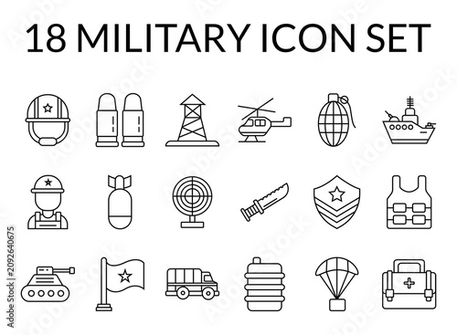 18 Military Icons Set – Army, Defense, Weapons, Tactical Equipment, Soldier, Security and Combat Vector Collection