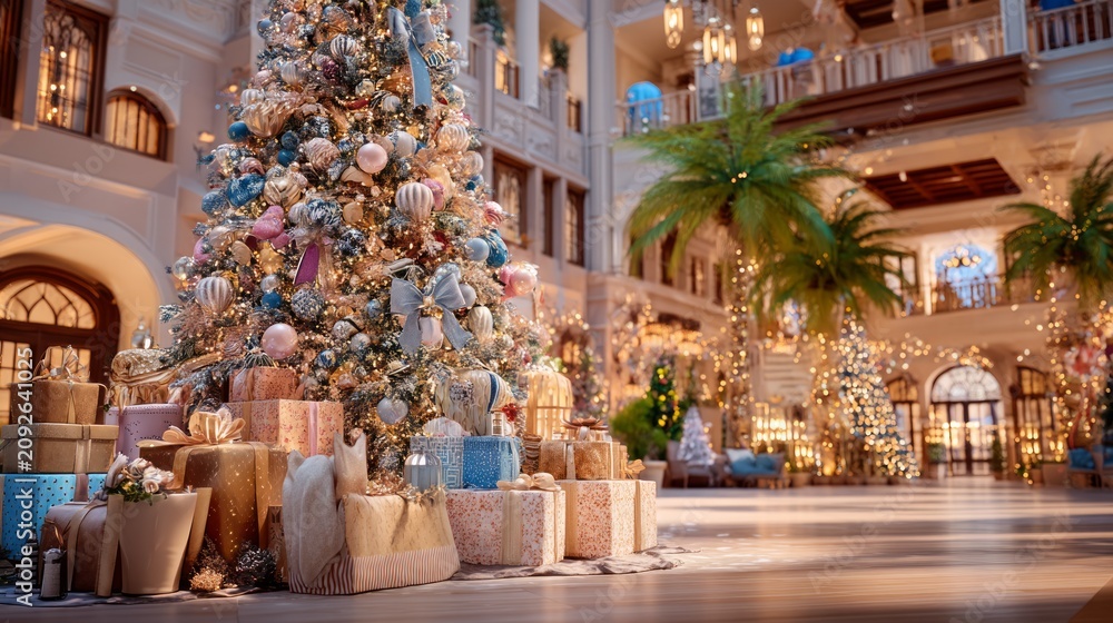 Fototapeta premium Massive Decorated Christmas Tree in Luxurious Hotel Lobby with Gifts