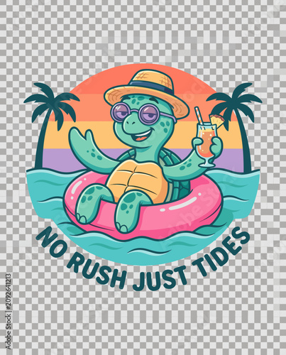 print for summer holidays, Cartoon turtle relaxing with a drink in a pool with a tropical background and a summer vibe
