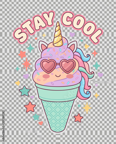 Unicorn ice cream cone with sunglasses and colorful sprinkles in a playful design, print for summer holidays