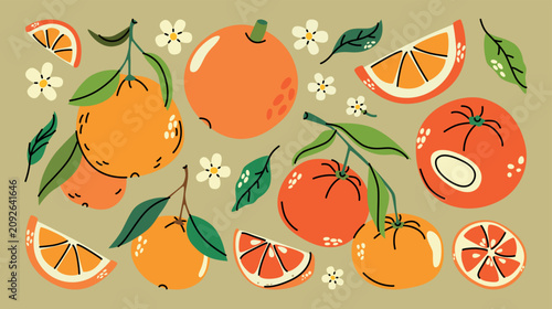 Cartoon set of citrus fruit illustrations in different positions. Orange, tangerine, grapefruit, pamelo. Different parts of the plant, bud, pistil, inflorescence, stem, branch, leaf, flower, slice.