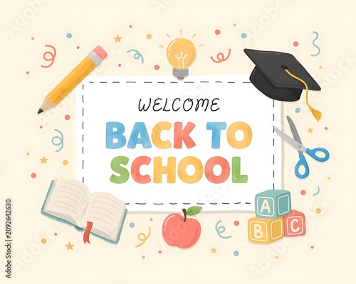A vibrant and cheerful back to school illustration featuring essential supplies like pencils books apples and a graduation cap welcoming students