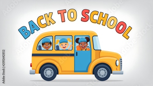 A cheerful yellow school bus with smiling children waving from the windows accompanied by a bright back to school title for education